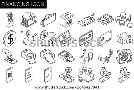 Financial icon set of 28 items, simple line drawing icon, isometric illustration of money, banking, investment, cashless payment, digital finance and savings, black and white, Vector Illustration