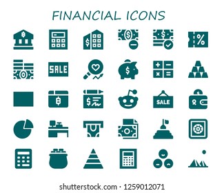  financial icon set. 30 filled financial icons. Simple modern icons about  - Bank, Calculator, Tax office, Money, Sale, Analysis, Piggy bank, Ingot, Bitcoin, Cheque, Reddit, Wallet