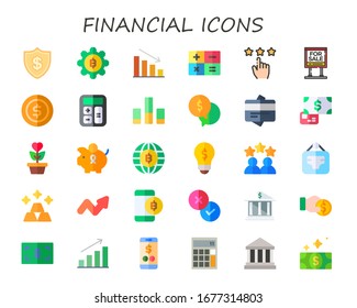 financial icon set. 30 flat financial icons.  Simple modern icons such as: dollar symbol, bitcoin, graph, calculator, rating, for sale, coin, bar chart, money, credit cards, payment
