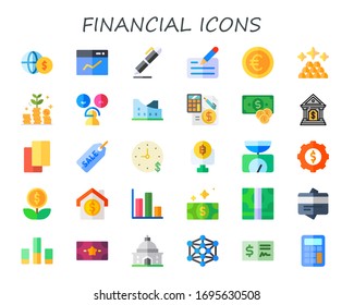 conjunto de iconos financieros. 30 íconos financieros planos.  Iconos modernos sencillos, como: dinero, carta de líneas, firma, cheque, euro, lingotes, monedas, tasa, museo, presupuesto, banco, tarjetas, venta, tiempo es dinero