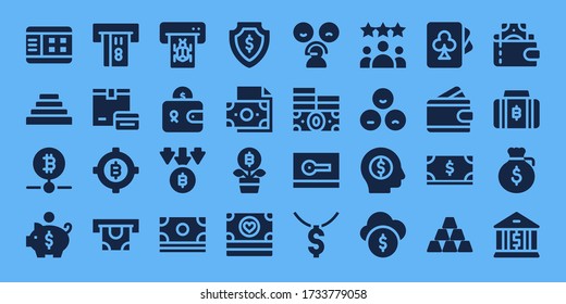 financial icon set. 32 filled financial icons. on blue background style Simple modern icons such as: Graph, Pyramid, Bitcoin, Piggy bank, Atm, Payment, Wallet, Money, Growth, Rate