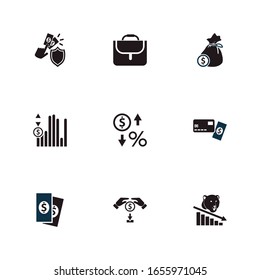 Financial icon set and briefcase with card or cash, investment insurance and money sack. Suitcase related financial icon vector for web UI logo design.