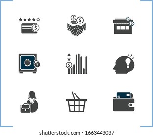 Financial icon set and business woman with smart solution, wallet and shopping basket. Storefront related financial icon vector for web UI logo design.