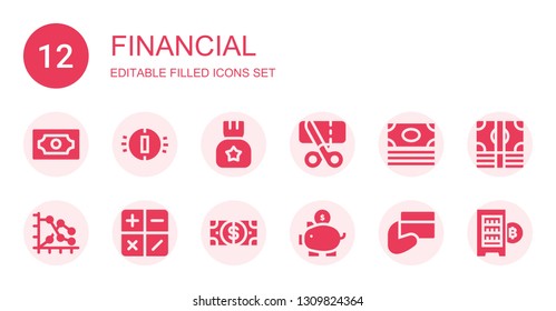 financial icon set. Collection of 12 filled financial icons included Money, Coin, Sales, Graph, Calculator, Dollar, Piggy bank, Payment, Digital currency