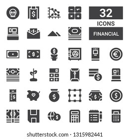 financial icon set. Collection of 32 filled financial icons included Calculator, Bill, Money, Save, Coin, Allocation, Piggy bank, Atm, Coins, Growth, Euro, Safe box, Pyramid, Cash machine