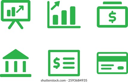 Financial Icon Set: A collection of vector icons representing various aspects of finance and business, including charts, money, and bank, all rendered in a simple, flat design.