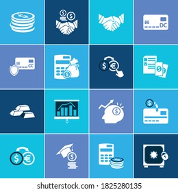 Juego de iconos financieros y barras de oro con caja fuerte, monedas apiladas y calculadora de impuestos. Vector de iconos financieros relacionados con Strongbox para el diseño del logotipo de la interfaz de usuario web.