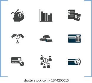 Juego de iconos financieros y barras de oro con financiación colectiva, pago con tarjeta y plan financiero. Vector de icono financiero relacionado con la táctica para el diseño del logotipo de la interfaz de usuario web.