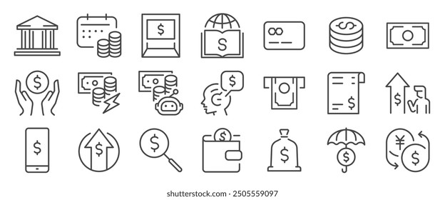 Financial icon set. It includes finance, money, cash, coin, credit, and more icons. Editable Vector Stroke.