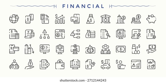 Conjunto de iconos financieros. Colección de iconos lineales financieros. Iconos web delgados. Contiene símbolos lineales de dinero, banco, inversión, moneda, pago y más. Arte vectorial e ilustración editables.