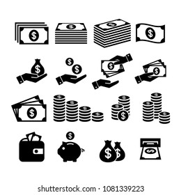 Financial icon set. Money icons. Money stack, coin stack, piggy bank, wallet with money, cash payment, hand holding money icons.