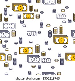 Financial icon set seamless background, backdrop for financial website or economical theme ads and information, dollar currency money signs, vector wallpaper or web site background.