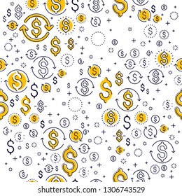 Financial icon set seamless background, backdrop for financial website or economical theme ads and information, dollar currency money signs, vector wallpaper or web site background.