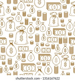 Financial icon set seamless background, dollar currency money signs, backdrop for financial website or economical theme ads and information, vector wallpaper or web site background.
