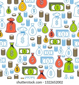 Financial icon set seamless background, dollar currency money signs, backdrop for financial website or economical theme ads and information, vector wallpaper or web site background.
