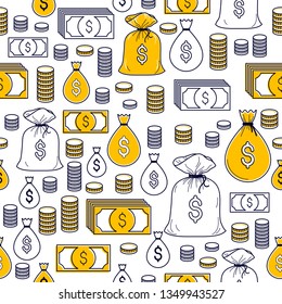 Financial icon set seamless background, backdrop for financial website or economical theme ads and information, dollar currency money signs, vector wallpaper or web site background.