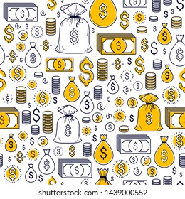 Financial icon set seamless background, backdrop for financial website or economical theme ads and information, dollar currency money signs, vector wallpaper or web site background.