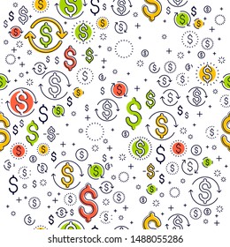 Financial icon set seamless background, dollar currency money signs, backdrop for financial website or economical theme ads and information, vector wallpaper or web site background.