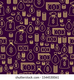 Financial icon set seamless background, backdrop for financial website or economical theme ads and information, dollar currency money signs, vector wallpaper or web site background.