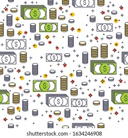 Financial icon set seamless background, dollar currency money signs, backdrop for financial website or economical theme ads and information, vector wallpaper or web site background.