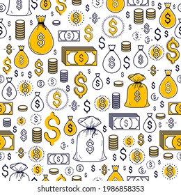 Un conjunto de iconos financieros sin problemas, fondo para sitios web financieros o anuncios e información sobre temas económicos, señales monetarias en dólares, fondo de pantalla o fondo de sitio web.