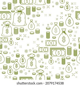 Un conjunto de iconos financieros sin fisuras, señales monetarias en dólares, fondo para sitios web financieros o anuncios e información sobre temas económicos, fondo de pantalla o fondo de sitio web.