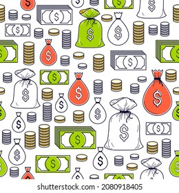 Financial icon set seamless background, dollar currency money signs, backdrop for financial website or economical theme ads and information, vector wallpaper or web site background.
