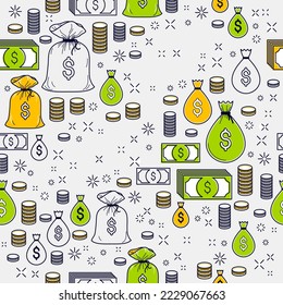 Financial icon set seamless background, dollar currency money signs, backdrop for financial website or economical theme ads and information, vector wallpaper or web site background.