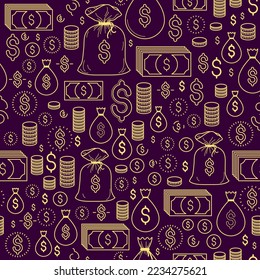 Financial icon set seamless background, backdrop for financial website or economical theme ads and information, dollar currency money signs, vector wallpaper or web site background.