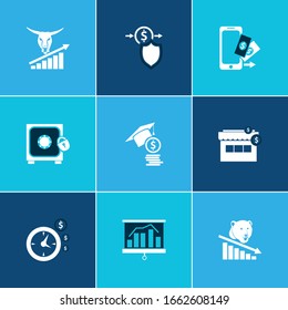 Icono financiero y pago seguro con el mercado de osos, el tiempo es dinero y pequeñas empresas. Icono financiero relacionado con la inversión vector para el diseño del logotipo de la interfaz de usuario web.