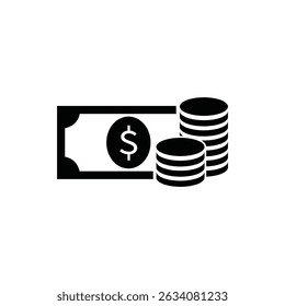 Financial icon showcasing a dollar bill and stacked coins on a white background for economic themes