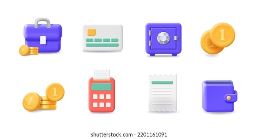 Financial icons. 3d vector set. Money, bill, safe, cash. Paying symbols, exchange interface, e-money wallet.