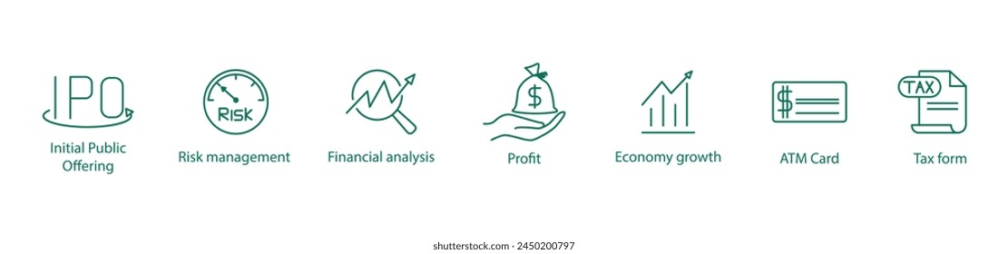 Kollektion der Finanzsymbole: Vektorillustrationen für Börsengänge, Risikomanagement, Finanzanalyse, Gewinn, Wirtschaftswachstum, Bankomatkarte und Steuerformular