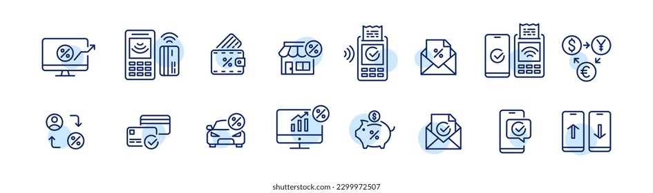 Iconos financieros. Pago sin contacto, ahorros, transacciones p2p y conversión de divisas. Iconos de trazo de píxeles perfectos y editables