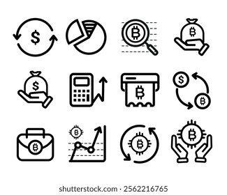 Financial Icons for Cryptocurrency and Money Management. collection of line icons representing financial concepts related to cryptocurrency, budgeting, and economic analysis.