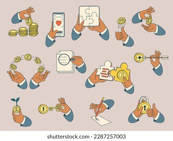 Financial icons and design element set. Hand gesture design elements. Finance, money, banking, payment and investment vector illustration.
