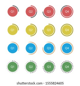 Financial Icons with first quarter second quarter third quarter and fourth quarter on fourth different designs isolated on white background, Quarterly filings, annual report, investor relations