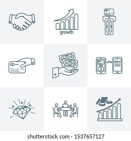 Financial icons line style set with earnings, mobile transfer, handshake brainstorming elements. Isolated vector illustration financial icons.