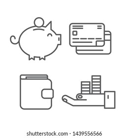 Financial icons. Money sign set. Piggy bank, credit card, cash on hand, purse