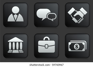 Financial Icons on Square Black Button Collection Original Illustration