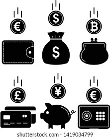 Financial icons, piggy bank, safe, purse, money bag, credit card, bank, currency symbols. Money accumulation concept. Vector illustration.