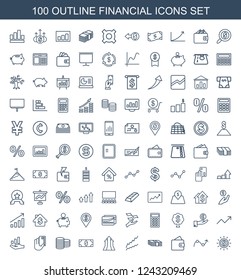 financial icons. Set of 100 outline financial icons included dollar in sun, graph, wallet, money, arrows up on white background. Editable financial icons for web, mobile and infographics.