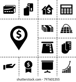 Financial icons. set of 13 editable filled financial icons such as creadit card payment, dolar growth, credit card in hand, dollar award, dollar location, calclator