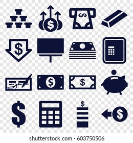 Financial icons set. set of 16 financial filled icons such as atm, Money, Coin, dollar down, gold, ATM money withdraw, board, piggy bank, dollar, coin, check