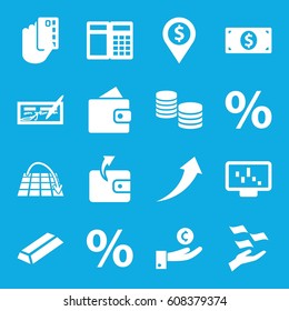 Financial icons set. set of 16 financial filled icons such as wallet, Wallet, gold, money on hand, money dollar, move on map, percent, arrow up, money, graph on display, check