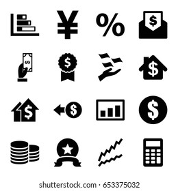 Financial icons set. set of 16 financial filled icons such as coin, payment, money on hand, graph, calculator, medal, bank, envelope with dollar bill, money, coin, percent