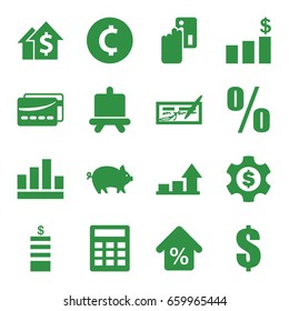 Financial icons set. set of 16 financial filled icons such as pig, board, coin, mortgage, card, graph, percent, money chart, dollar gear, dollar, creadit card payment, coin