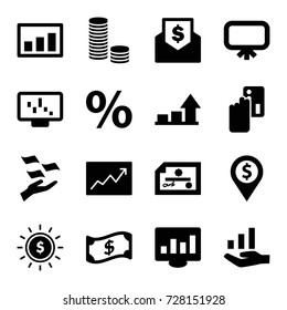 Financial icons set. set of 16 financial filled icons such as board, money on hand, line graph, graph, dollar in sun, percent, crown, envelope with dollar bill