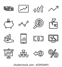 Financial icons set. set of 16 financial outline icons such as wallet, line graph, graph, piggy bank, search dollar, money, coin, gold