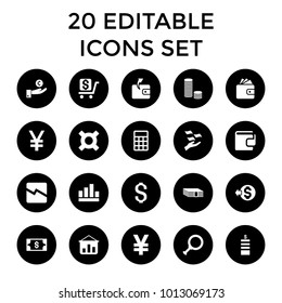 Financial icons. set of 20 editable filled financial icons such as coin, wallet, money on hand, money, graph, hand on coin. best quality financial elements in trendy style.
